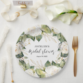 Elegant White Roses Bridal Shower Square Pappteller