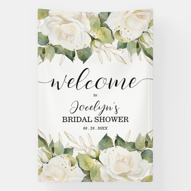 Elegant White Roses Bridal Shower Welcome Banner (Vertikal)