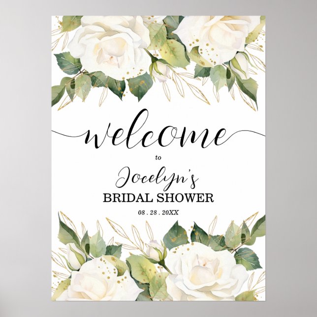Elegant White Roses Bridal Shower Welcome Poster (Vorne)