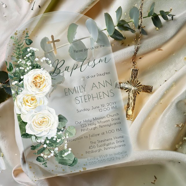 Elegant White Roses Eucalyptus Floral Girl Taufe Acryleinladungen (Elegant White Roses Eucalyptus Floral Girl Baptism Acrylic Invitations)