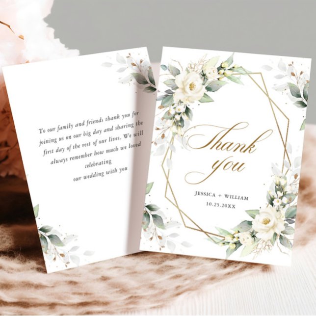 Elegant White Roses Eucalyptus Wedding Vielen Dank Dankeskarte (Von Creator hochgeladen)