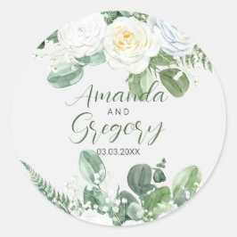 Elegant White Roses & Greenery Runder Aufkleber