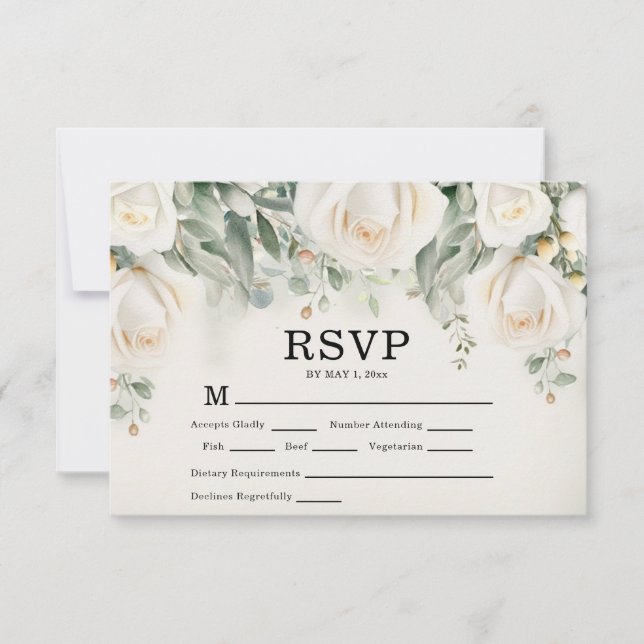 Elegant White Roses Grüne Hochzeit RSVP Karte (Vorderseite)
