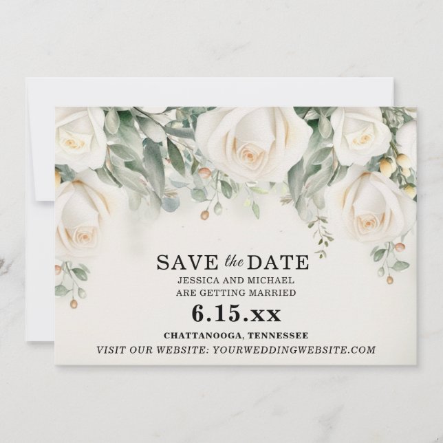Elegant White Roses Grüne Hochzeit Save The Date (Vorderseite)