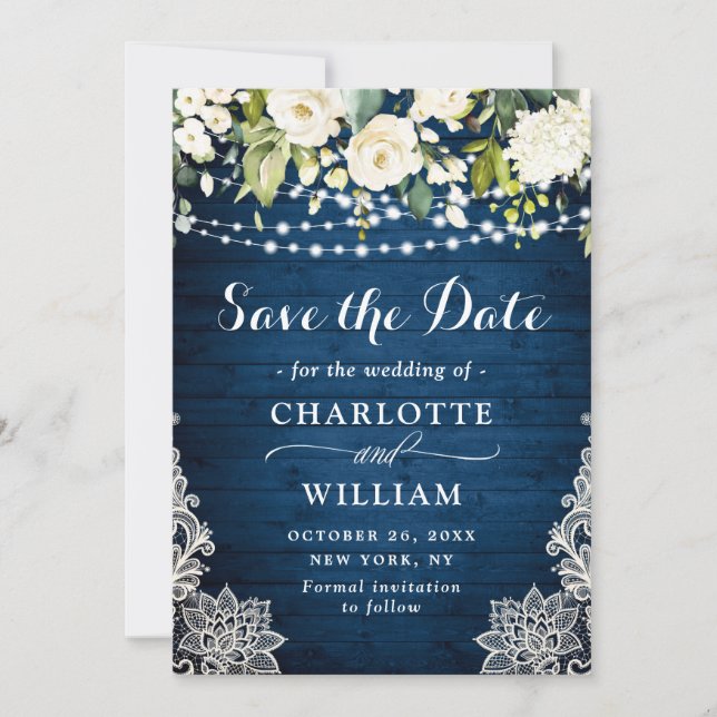 Elegant White Roses Lace Blue Wood Rustic Wedding Save The Date (Vorderseite)