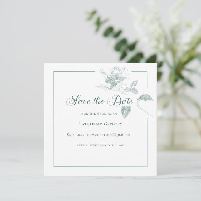 Elegant White Roses Sage Green Floral Wedding Save The Date (Stehend Vorderseite)