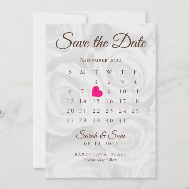 Elegant White ROses Save the Date Calendar Wedding Einladung (Vorderseite)