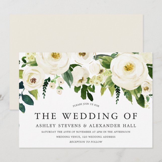 Elegant White Roses Schöne Hochzeit Einladung (Vorne/Hinten)