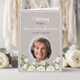Elegant White Roses Taupe Funeral Folded Programm