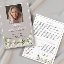 Elegant White Roses Taupe Funeral Folded Programm