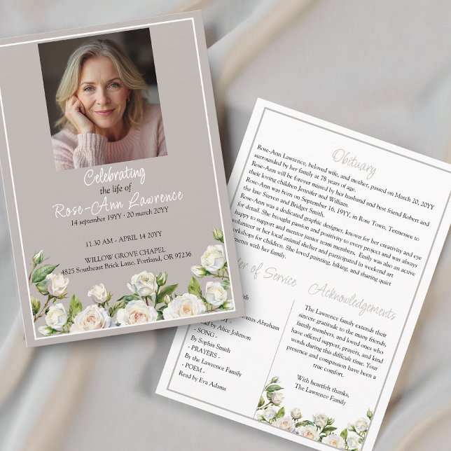 Elegant White Roses Taupe Funeral Folded Programm (Von Creator hochgeladen)