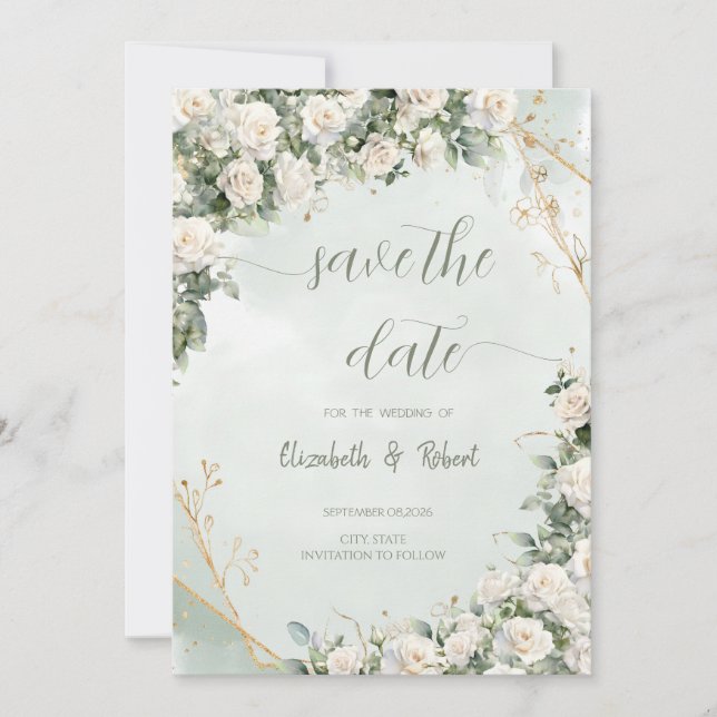 Elegant White Roses Wedding Save The Date (Vorderseite)