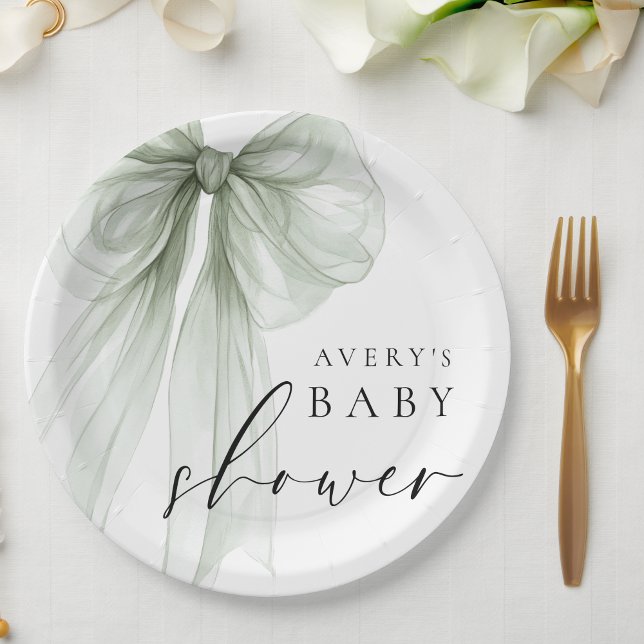 Elegant White Sage Green Bow Baby Shower Pappteller (Von Creator hochgeladen)