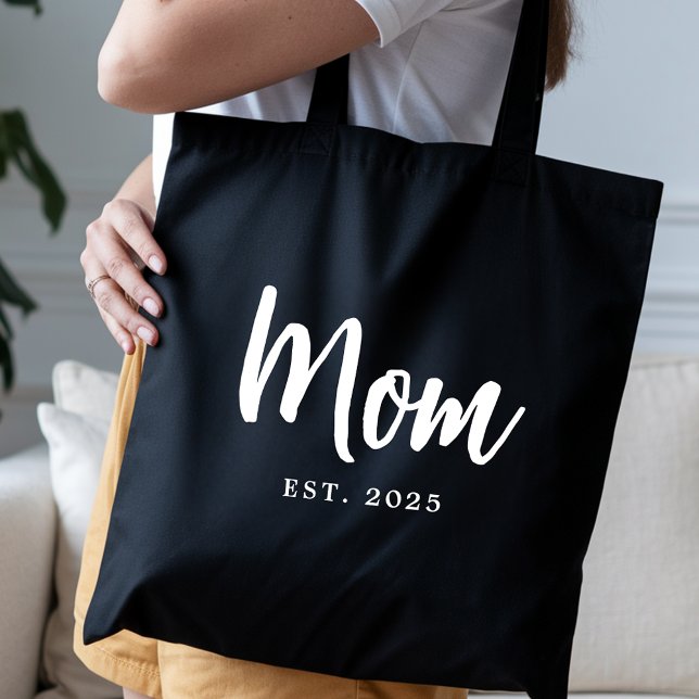 Elegant White Script Established New Mom (Elegant White Script Established Date New Mom Black Tote Bag)