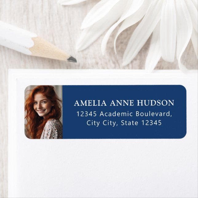 Elegant White Script Photo Blue Return Address (Insitu)