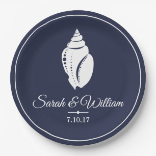 Elegant White Seashell & Navy Blue PERSONALISIER Pappteller
