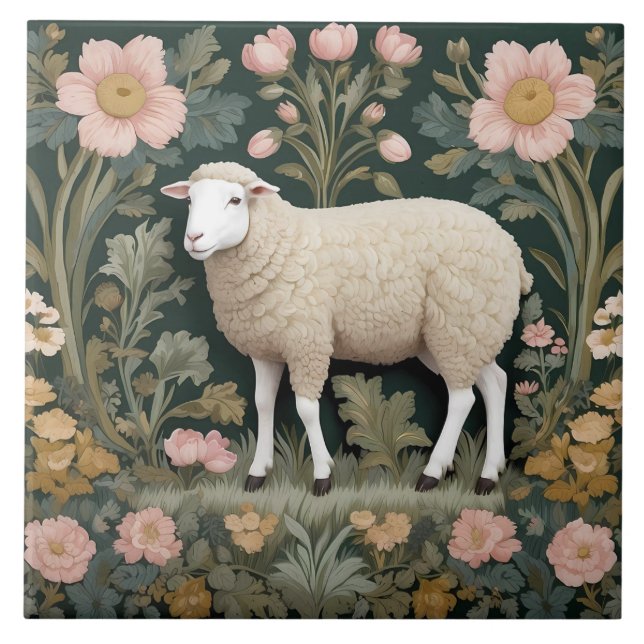 Elegant White Sheep William Morris Inspiriert Fliese (Vorderseite)