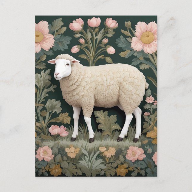 Elegant White Sheep William Morris Inspiriert Postkarte (Vorderseite)