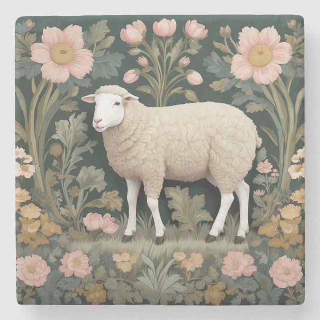 Elegant White Sheep William Morris Inspiriert Steinuntersetzer (Vorderseite)