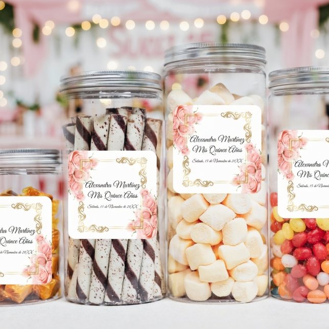 Elegant White Simple Pink Rose Gold Quinceñera Quadratischer Aufkleber (Von Creator hochgeladen)