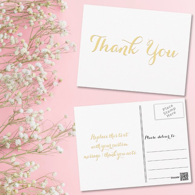 Elegant White Stylish Imitate Gold Script Vielen D Postkarte (Elegant White Stylish Faux Gold Script Thank You Postcard)