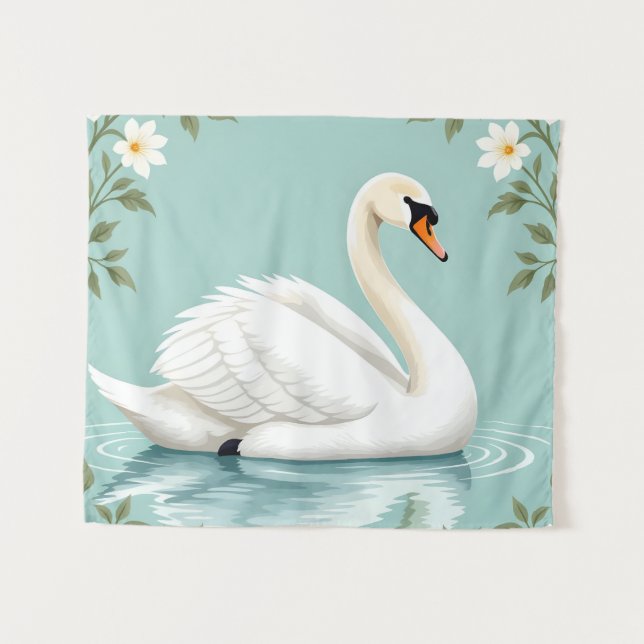 Elegant white swan floral blue wandteppich (Vorderseite (Horizontal))
