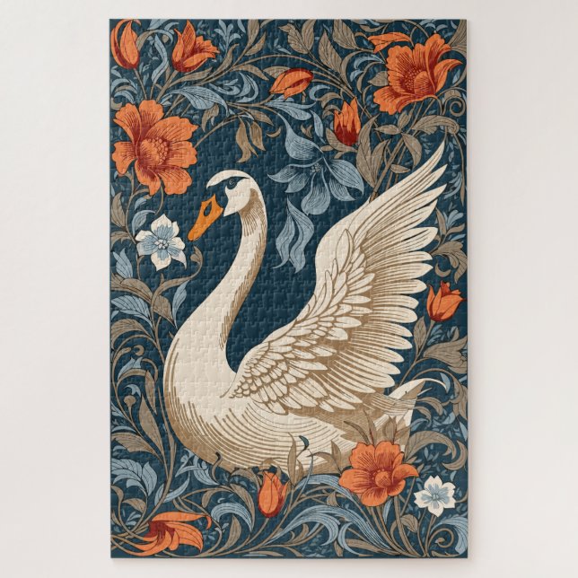 Elegant White Swan William Morris Inspirierte flor Puzzle (Vertikal)