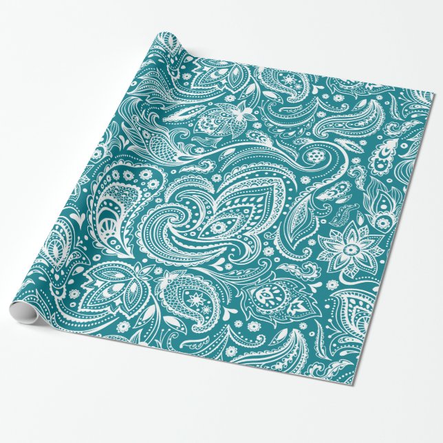 Elegant White & Turquoise Blue Floral Paisley Geschenkpapier (Ungerollt)