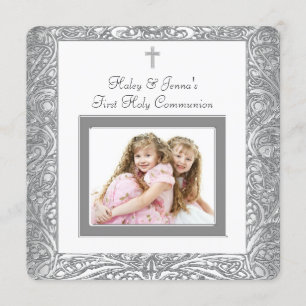 Elegant White Twin First Communion Einladung