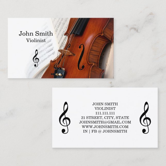 Elegant White Violin Violinist Business Card Visitenkarte (Vorne/Hinten)