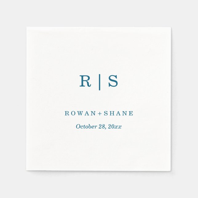 Elegant White Wedding Napkin mit Blue Monogram Serviette (Vorderseite)