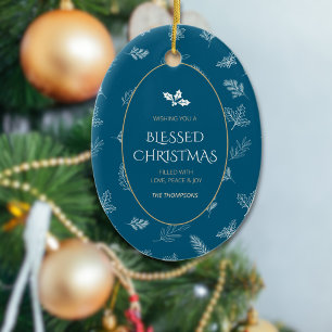 Elegant White Winter Blätter Blue MIstletoe Keramik Ornament