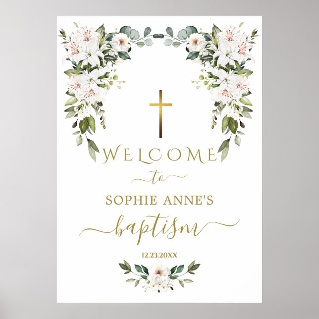 Elegant WhiteLily Wild Rose Welcome Baptism Sign Poster (Vorne)