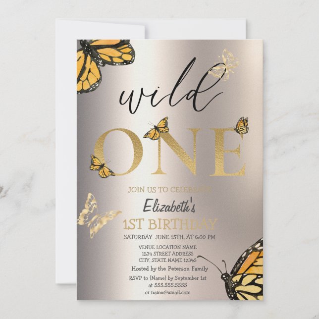 Elegant Wild One Gold Butterflies Birthday  Einladung (Vorderseite)