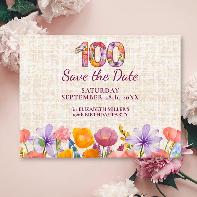 Elegant Wildflower 100th Birthday Save the Date Ankündigungspostkarte (Von Creator hochgeladen)