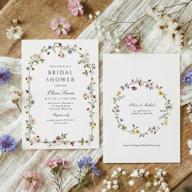 Elegant Wildflower Arch Garden Bridal Shower Einladung (Watercolor wildflowers garden bridal shower invitation, elegant botanical flowers with greenery arch)