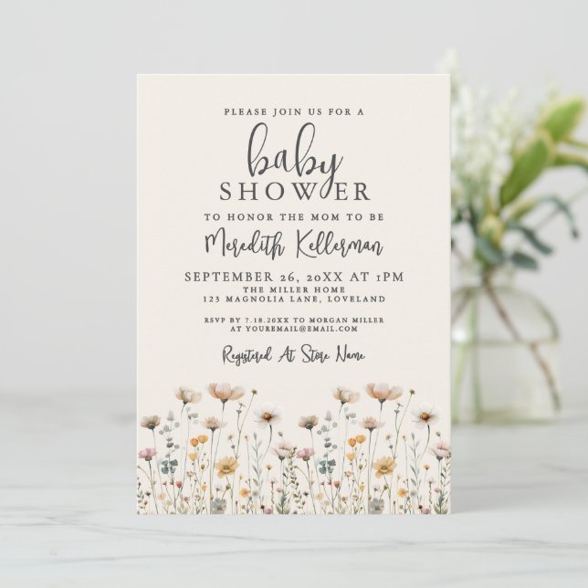 Elegant Wildflower Baby Shower Einladung (Stehend Vorderseite)
