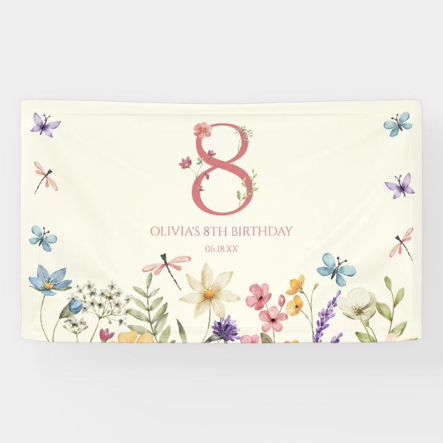 Elegant Wildflower Butterfly 8th Birthday Party Banner (Horizontal)