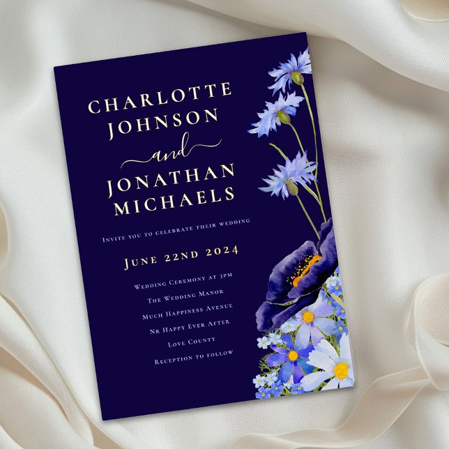 Elegant Wildflower Floral Wedding Blue and Gold Folieneinladung (Elegant watercolor wildflower blue floral gold foil wedding invitation )