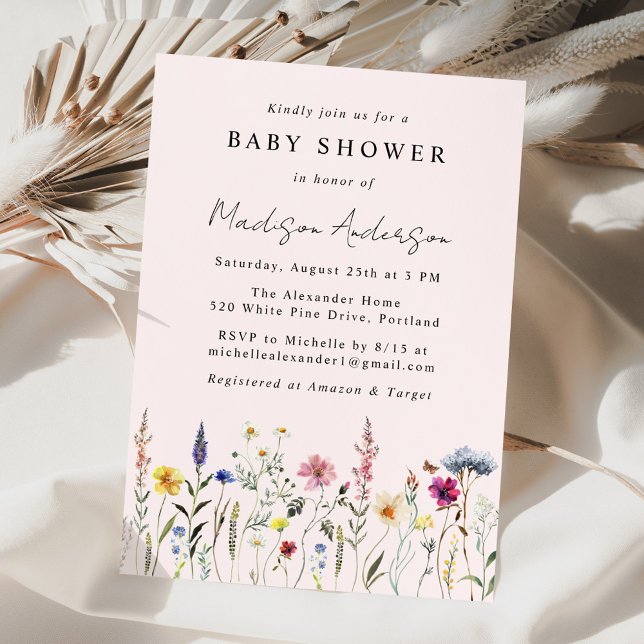 Elegant Wildflower Meadow Blush Pink Baby Shower Einladung (Von Creator hochgeladen)