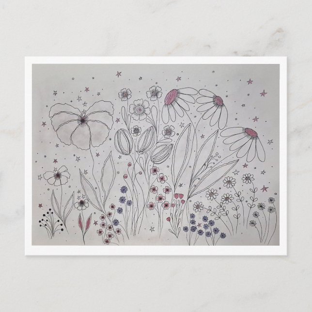 Elegant Wildflower Meadow Line Art Ankündigungspostkarte (Vorderseite)