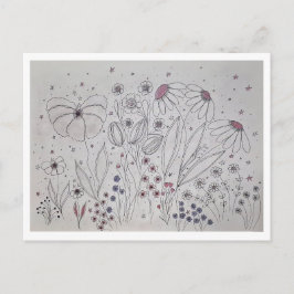 Elegant Wildflower Meadow Line Art Einladungspostkarte