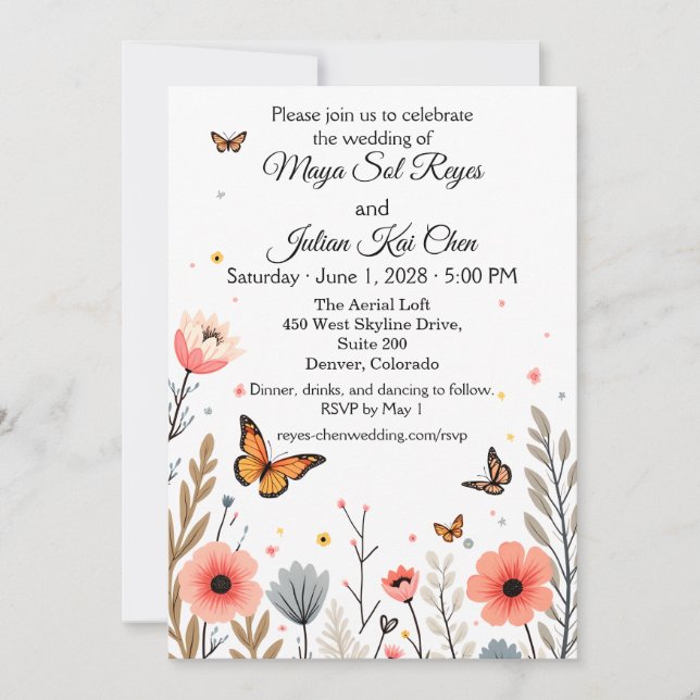 Elegant Wildflowers And Butterflies Wedding  Einladung (Vorderseite)