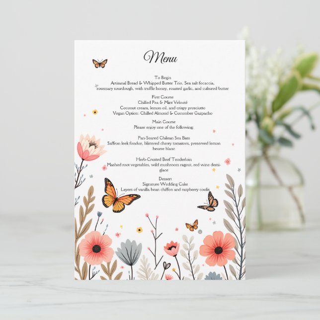Elegant Wildflowers And Butterflies Wedding Menükarte (Stehend Vorderseite)