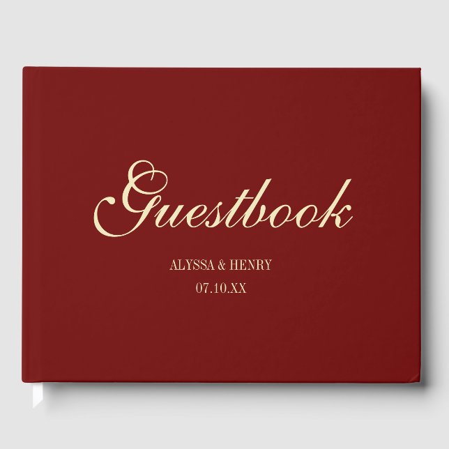 Elegant Wine Red Script Monogram Wedding Gästebuch (Vorderseite)