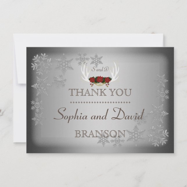 Elegant Winter Antlers Gray Wedding DANK Dankeskarte (Vorderseite)