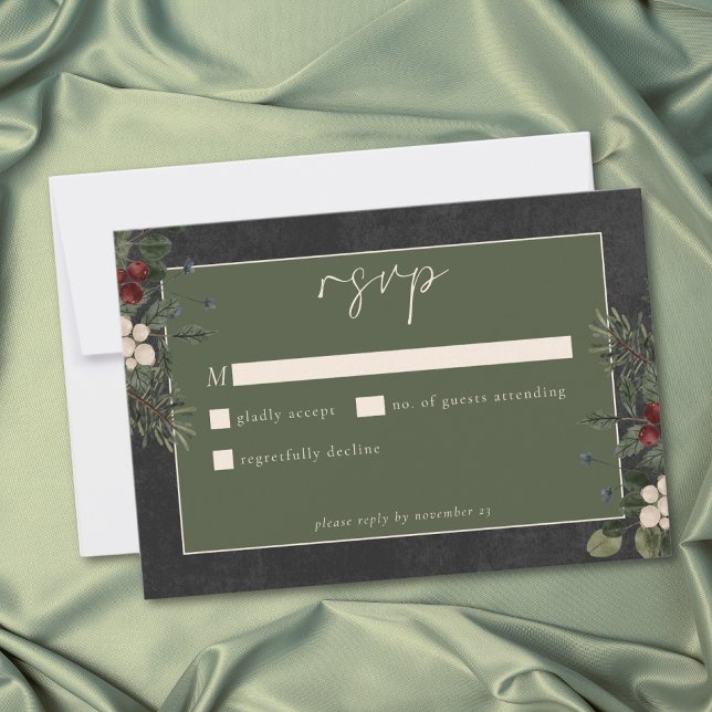 Elegant Winter Berries & Pine Black Wedding RSVP Karte (Elegant Winter Berries & Pine Black Wedding RSVP Card)