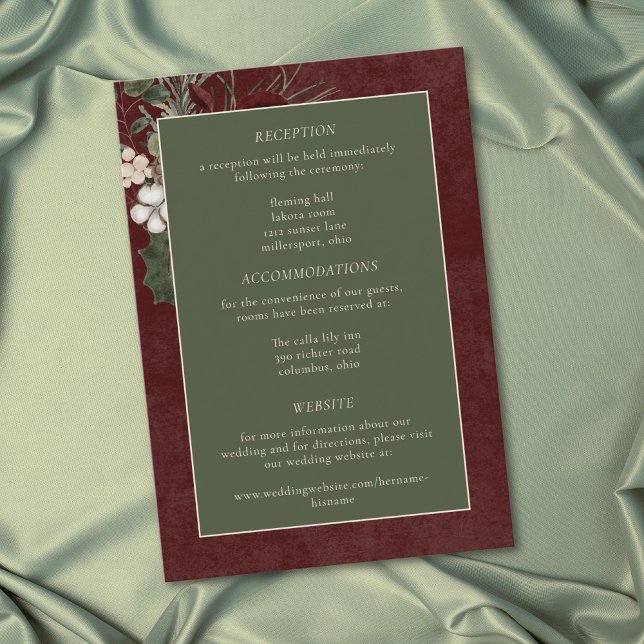 Elegant Winter Berries & Pine Burgundy Wedding Begleitkarte (Elegant Winter Berries & Pine Burgundy Wedding Enclosure Card)