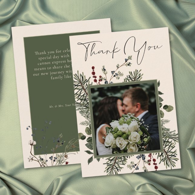 Elegant Winter Berries & Pine Ivory Wedding Dankeskarte (Elegant Winter Berries & Pine Ivory Wedding Thank You Card)
