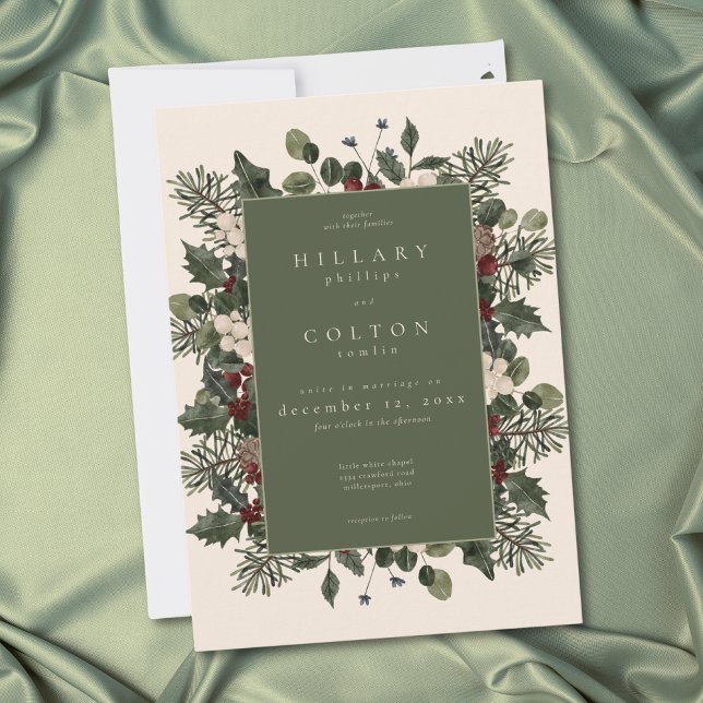 Elegant Winter Berries & Pine Ivory Wedding Einladung (Elegant Winter Berries & Pine Ivory Wedding Invitation)
